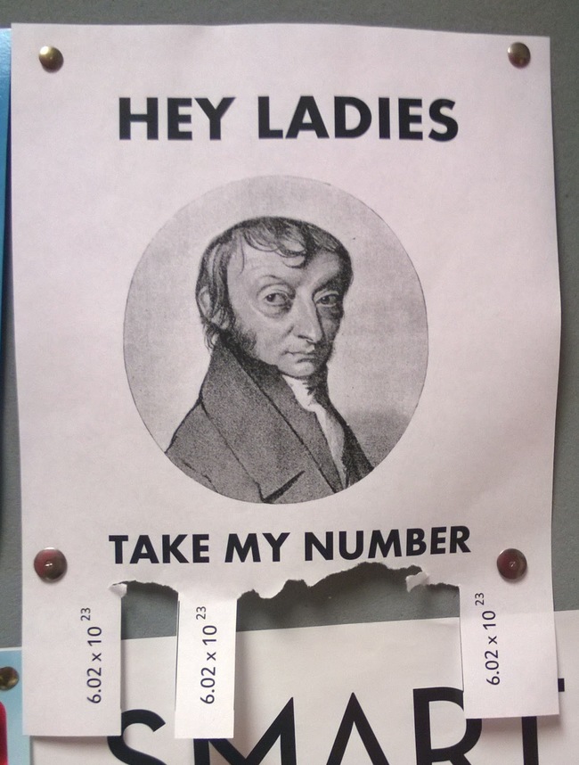 Poster: Hey ladies. Take my number. Showing Amedeo Avogadro and his constant 6.02*E10^23.