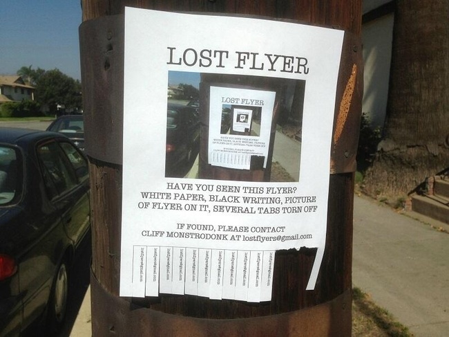 Poster: Lost flyer. Have you seen this flyer? White paper, black writing, picture of flyer on it, several tabs torn off. Please contact if found.