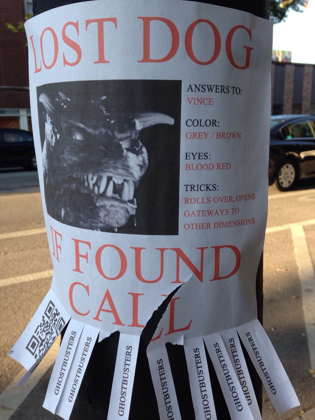 Poster: Lost demon dog from ghostbusters. If found please call ghostbusters.