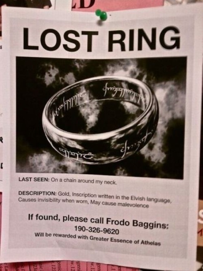 Poster: Lost ring! Showing ring from Lord of The Rings. If found please call Frodo Baggins.