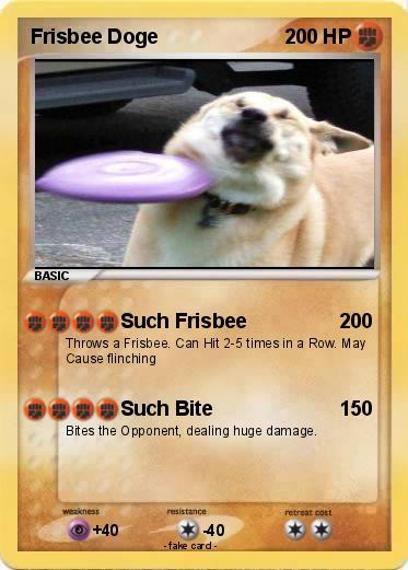 Frisbee doge trading card with dog that missed catched frisbee as an illustration. Special abilities: Such frisbee, Such bite.