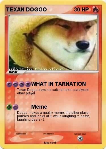 Texan doggo trading card with dog wearing texan hat as an illustration. Special abilities: WHAT IN TARNATION, Meme..