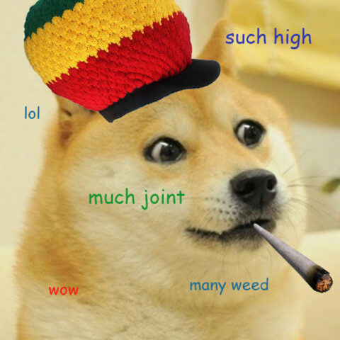 Rasta Doge with jamaican hat smoking a joint.