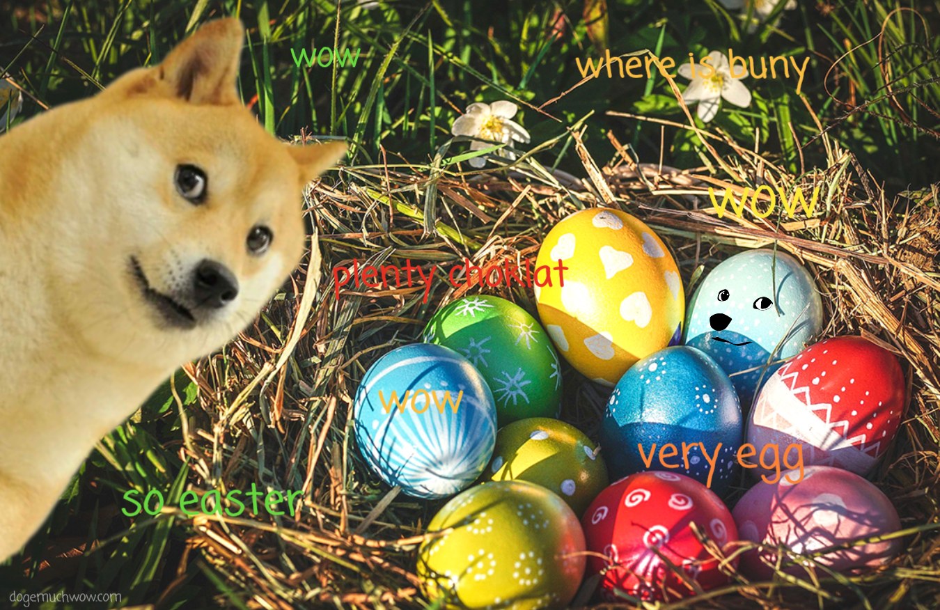 Doge celebrating easter with colorful easter eggs. Wow.