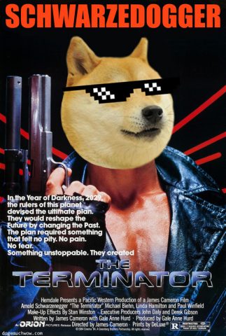 The Terminator movie poster with Schwarzedogger as the Terminator.