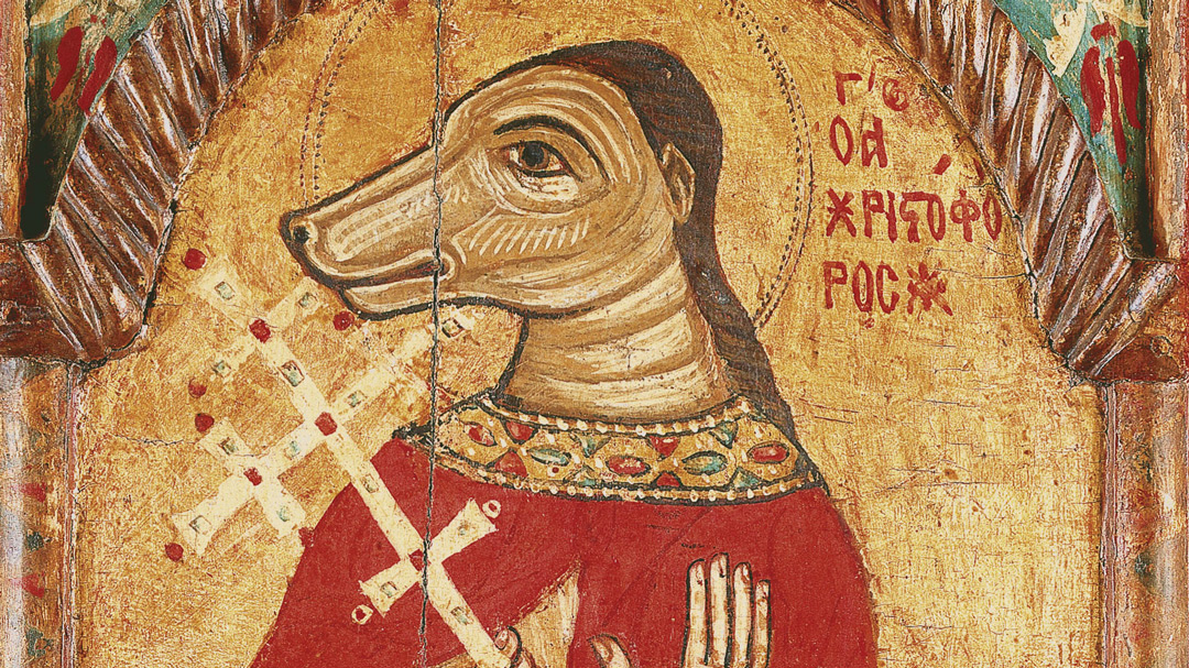 Icon presenting St-Christopher the dog headed patron saint of travelers.