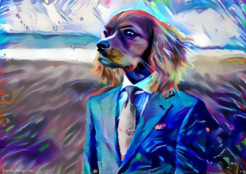 Beatiful painting depicting fashionable dog contemplating wearing tie and suit. Wow.
