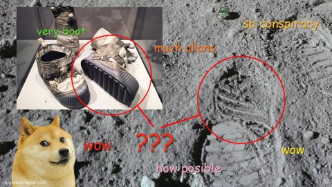 Doge barking at mysterious moon footprints that do not match original space boots. Is it sum conspiracy? Wow. (Space boots image attached for reference)