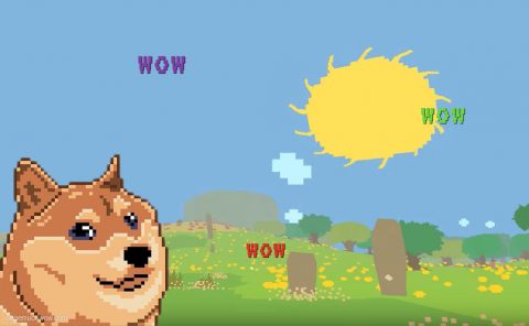 Pixel art image depicting Doge barking at the sun. Wow.