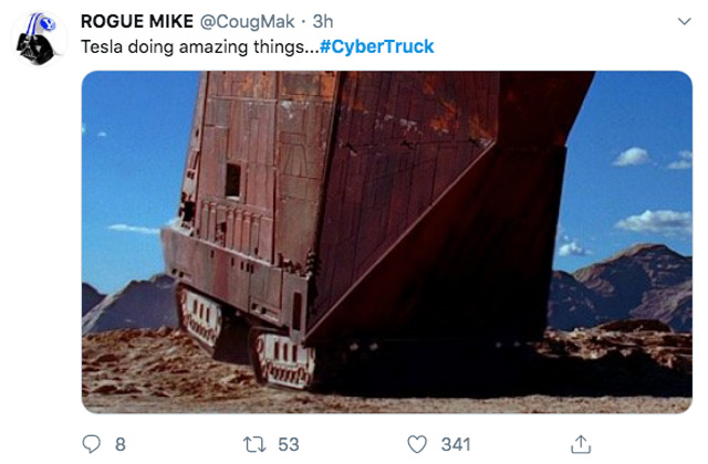 Social media screenshot with an attached image depicting moving truck like fortress.