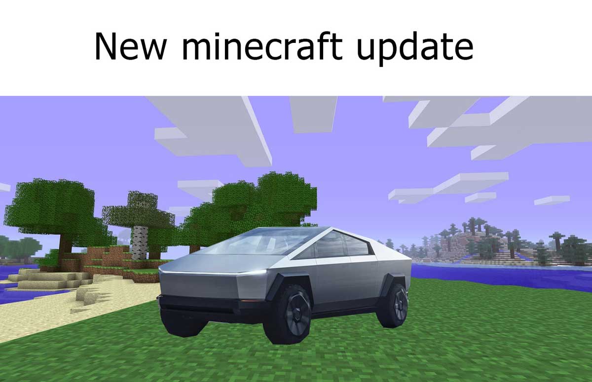 Caption: New minecraft update. Image depicting a Cybertuck in Minecraft game world.