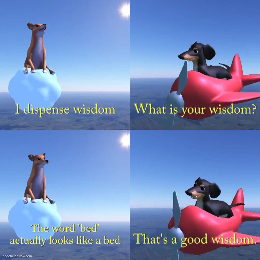 Dog of Wisdom meme template with 4 panels. Captions: I dispense wisdom. What is your wisdom? The word bed actually looks like a bed. That's a good wisdom.