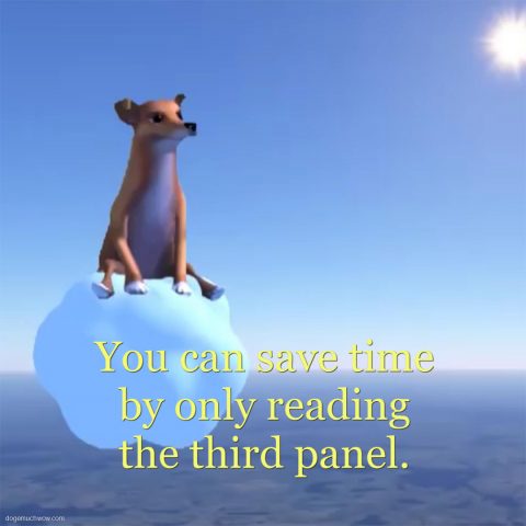 Third panel from the Dog of Wisdom meme template. Caption: You can save time by only reading the third panel.