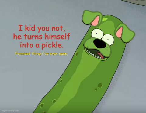 Pickle dog with caption: "I kid you not, he turns himself into a pickle! Funniest thing i've ever seen". Wow.