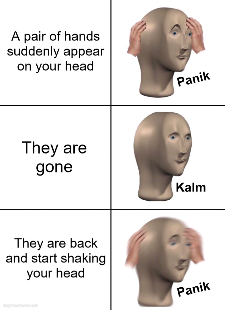 Panik kalm panik meme: A pair of hands suddenly appear on your head. Panik. They are gone. Kalm. They are back and start shaking your head. Panik.