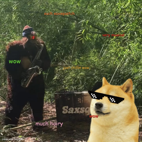 Doge chilling with Saxsquatch in the woods. Much hairy. Very musical. Wow.