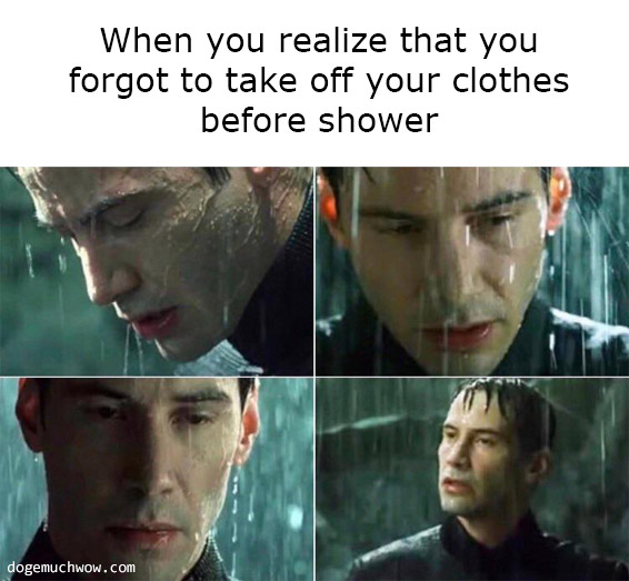 Deep visual thinking. When you realize that you forgot to take off your clothes before shower. Keanu Reaves wearing a suit and thinking in the rain.