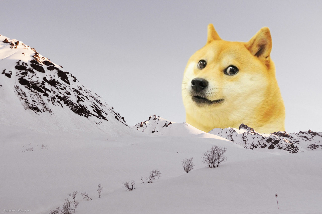 Aesthetic wallpapers: Giant Doge watching you from behind a snowy mountain. Much unexpected. Wow.