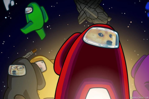 Among Us squad in space but they are all doges. Red Doge, Black Karen, Yellow Walter and Green Cheems. Wow.