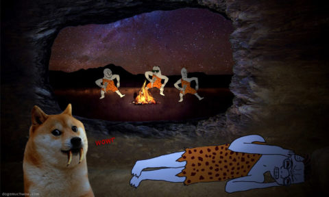 Sabretooth doge watching Grug tribe dancing to paleorock. Wowr.