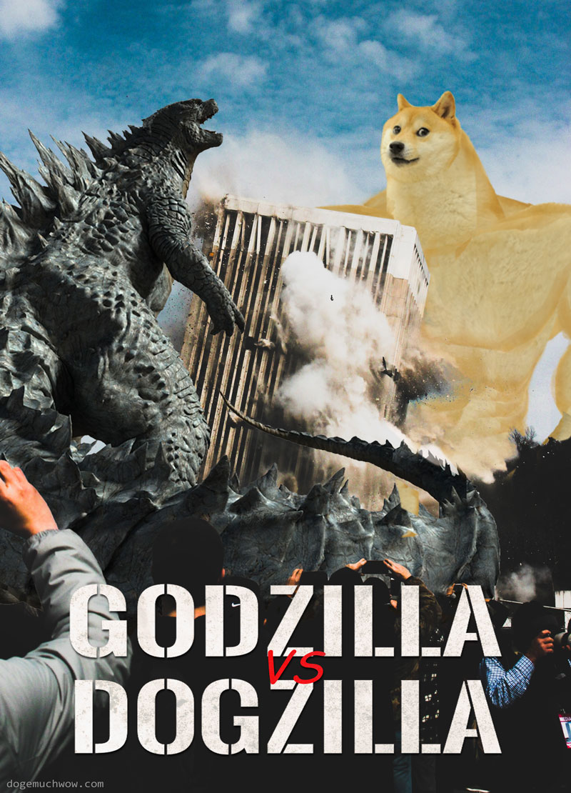 Godzilla vs Dogzilla. Godzilla fighting with Buff Doge, buldings fall, people cheer. Wow.