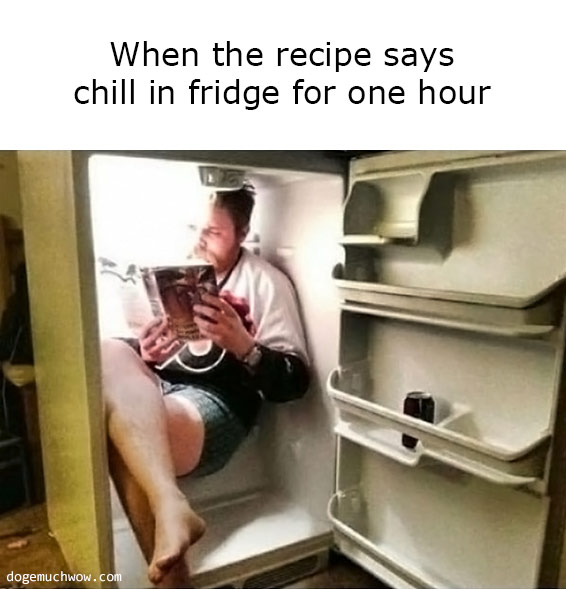 Deep visual thinking. Guy sitting in the fridge and reading a book. Caption: When the recipe says chill in fridge for one hour.