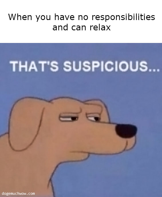 Deep visual thinking. That's suspicious meme dog. Caption: When you have no responsibilities and can relax.