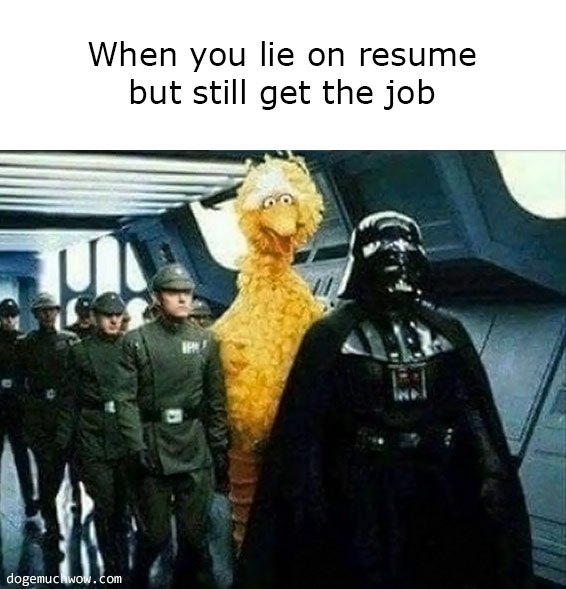 Deep visual thinking. Big Yellow Bird marching with Darth Vader and his commanders. Caption: When you lie on resume but still get the job.