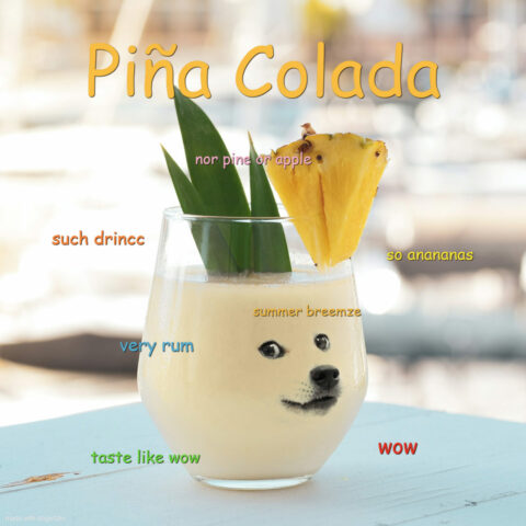 Pina Colada drink with freshly strained doge. Such drink. Very rum. Taste like wow. Wow.