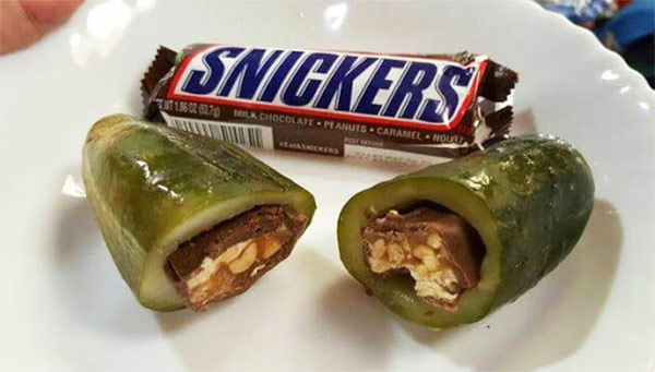 Cursed Food Image: I turned snickers into a pickle! Boom! Big reveal: It's a snickle.