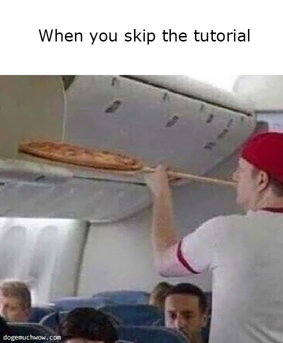 Deep visual thinking part 10. Guy putting pizza to personal luggage hold on a plane. Caption: When you skip the tutorial.