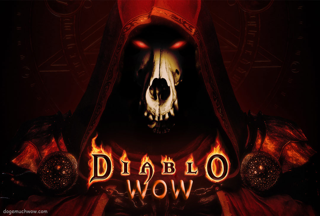 Le Prime Evil Doge has arrived in Diablo Wow. Demonic doge figure with glowing eyes behind burnind "Diablo" text. Wow.