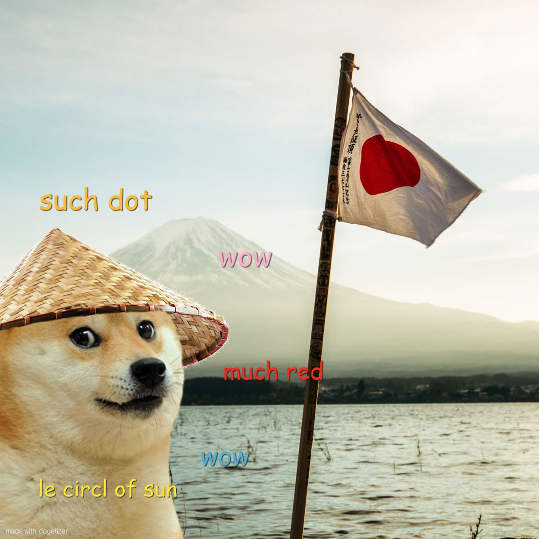 Shiba Inu Doge with flag of Japan in the background. Such dot. Much red. Wow.