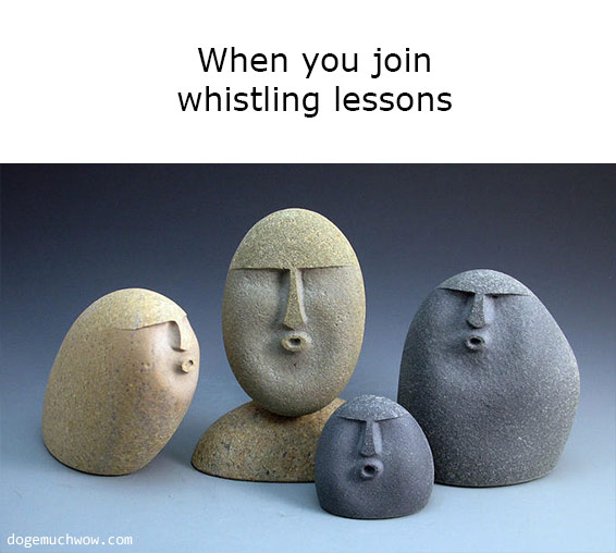 Deep visual thinking. Caption: When you join whistling lessons. 4 oof stones whistling.