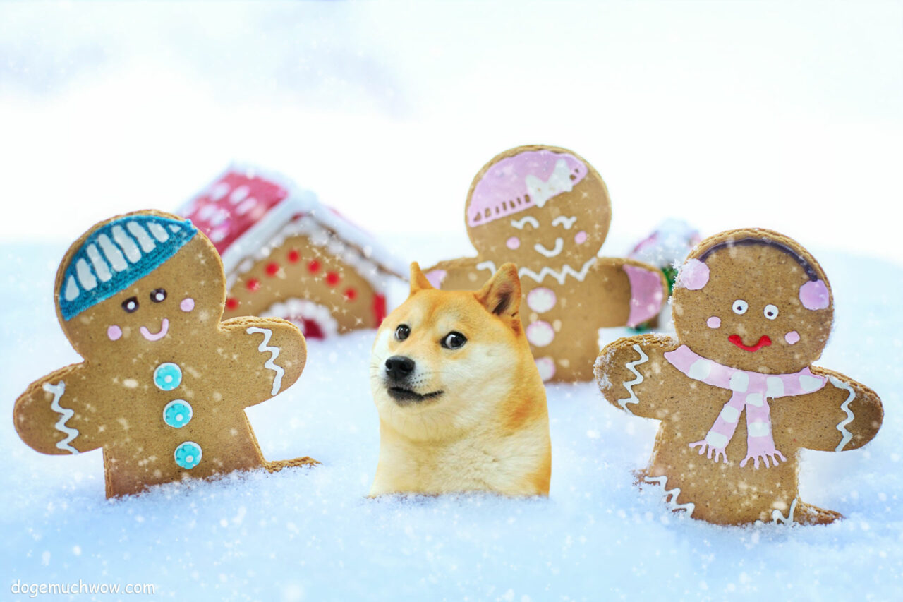 Doge playing with christmas cookies in the snow.