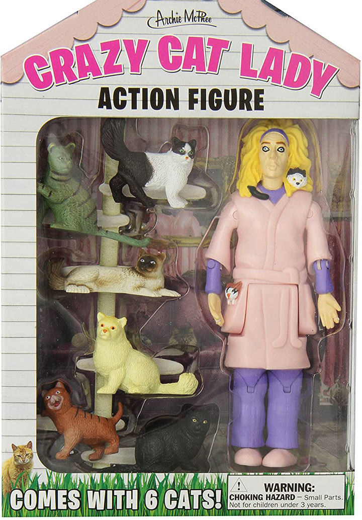 Cursed Toy Image: Crazy cat lady action figure. Comes with six cats.