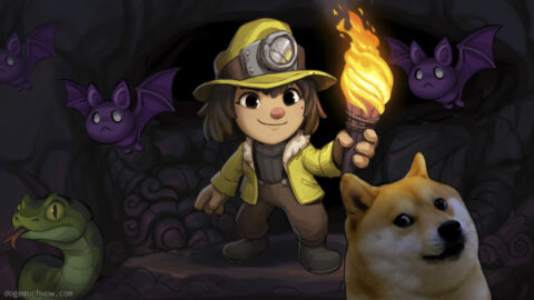 Doge spelunking in Spelunky. Much dark. Very adventure. Wow.