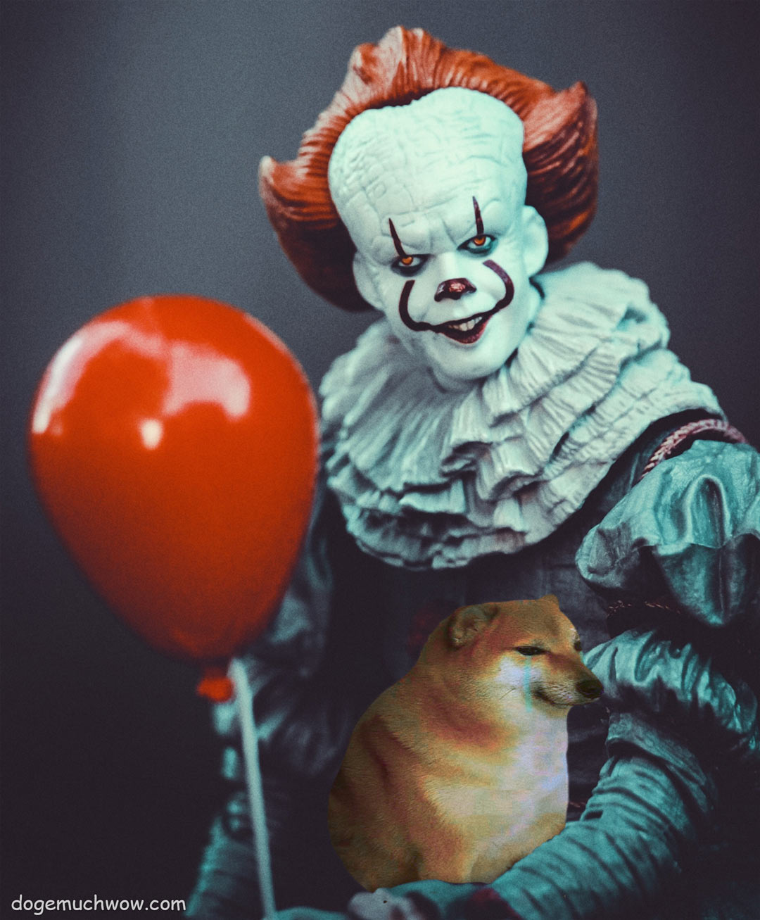 Pennywise the dancing clown with Cheems on his lap. Cheems seems much scared. Wow.