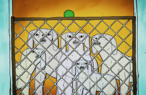 A single frame from the Ghost Dogs short horror animation featuring 5 ghost dogs playing with a floating ball.