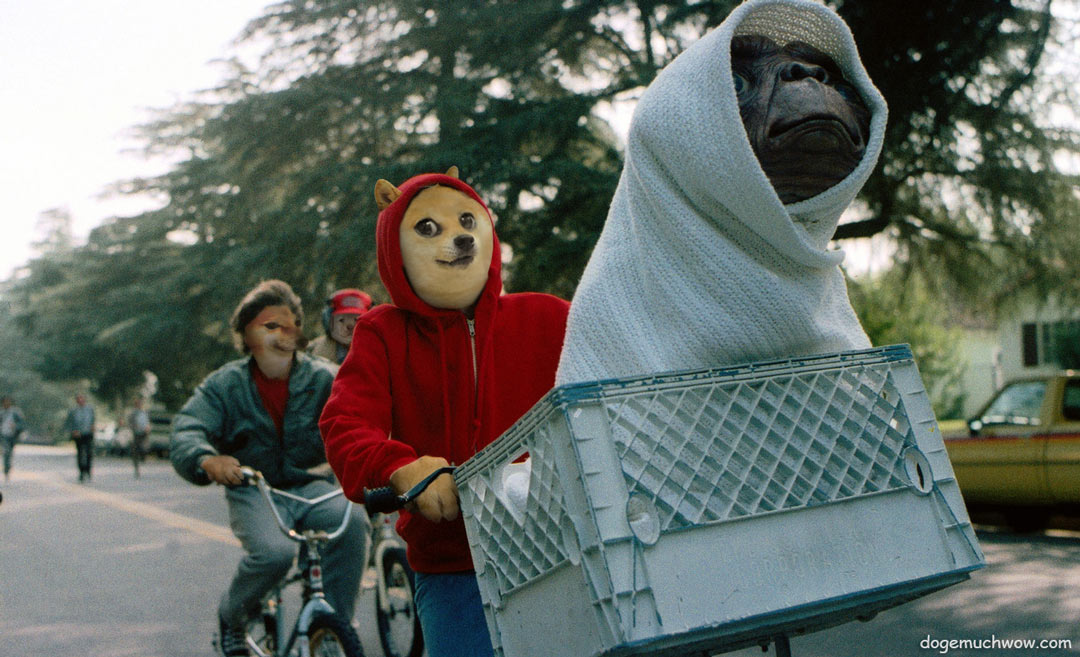 Bike chase scene from E.T. movie but with doge characters: E.T. sits in Doge kid's bicycle basket and they ride veeeeery fast! Kid Cheems and kid Labrador are just behind.