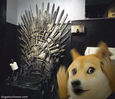 Cursed Throne Image: Doge shocked by toilet resembling the Iron Throne from Game of Thrones.