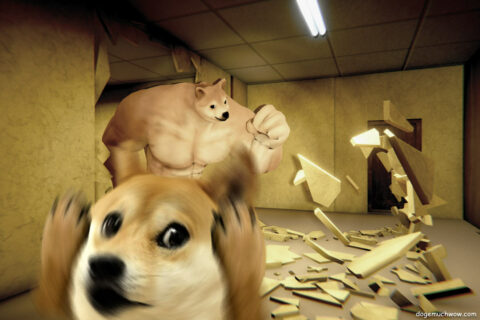 Doge running away from Buff Doge in Backrooms Buff Doge Horror Game. Such monster. Much buff. Wow.