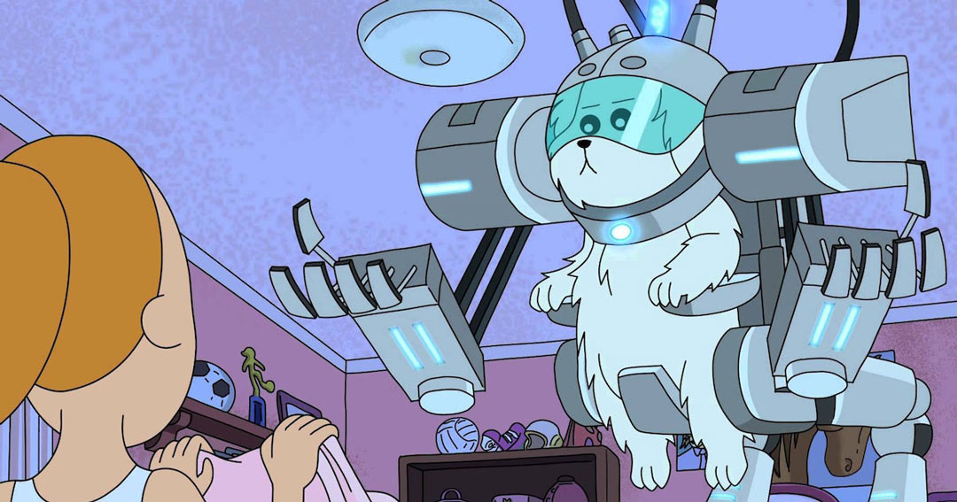 Rick and Morty screencap. Mecha snuffles visits Summer in bed. Wow.