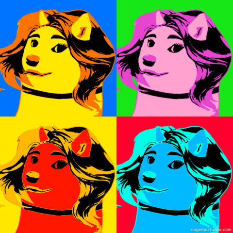 Pop art painting depicting renowned Dogeland actress Dogetha, in four different colour schemes. Such aet. Wow.