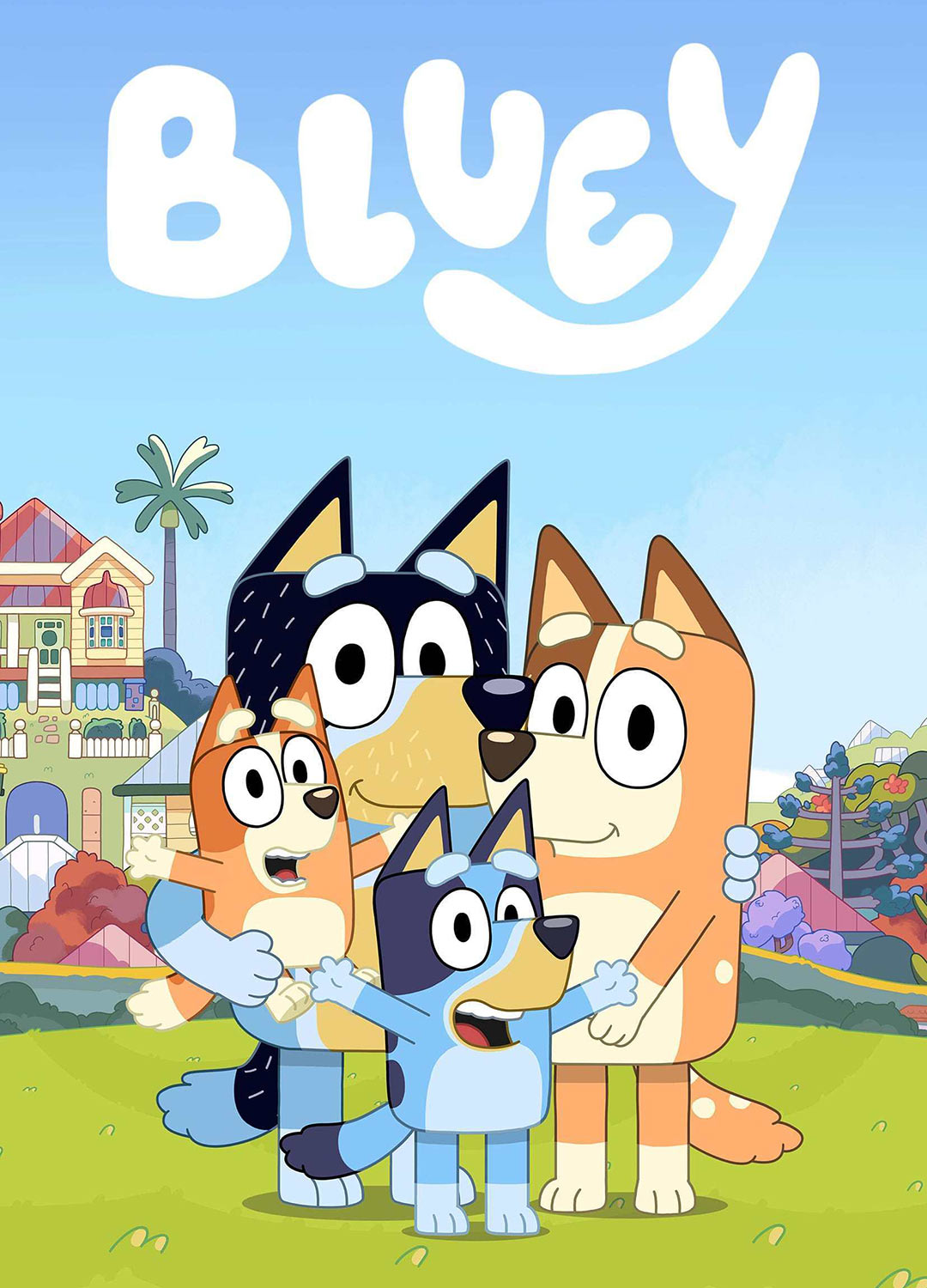 Bluey poster depicting the Heeler family. They happ. Wow.