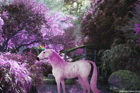 Doge unicorn chilling in magic forest. Such animal. Very magic. Wow.