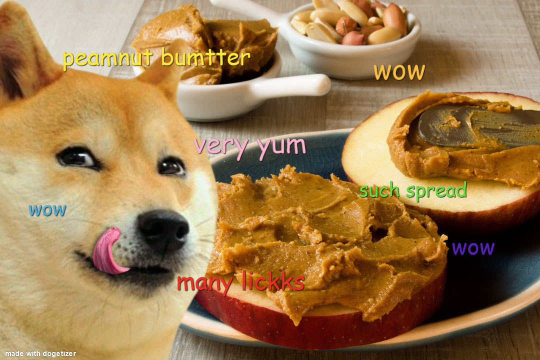 Peanut butter being spread on apple slices while making Doge mouth water. Captions: Peamnut bumtter. Very yum. Such spread. Many licks. Wow.