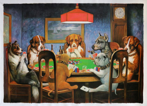 A Friend in Need painting from 1903 by Cassius Marcellus Coolidge depicting various dogs playing poker on a green round poker table.