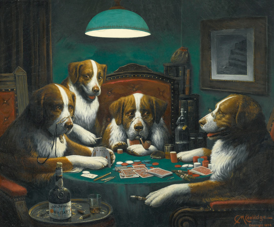 Poker Game painting by Cassius Marcellus Coolidge depicting the original dogs playing poker from 1894.