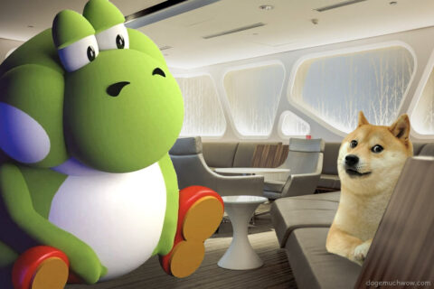 Doge sitting with Big Yoshi in his lounge. Such creature. Much big. Wow.